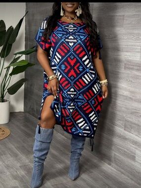 SHEIN Navy Blue Red White Geometric Midi Dress